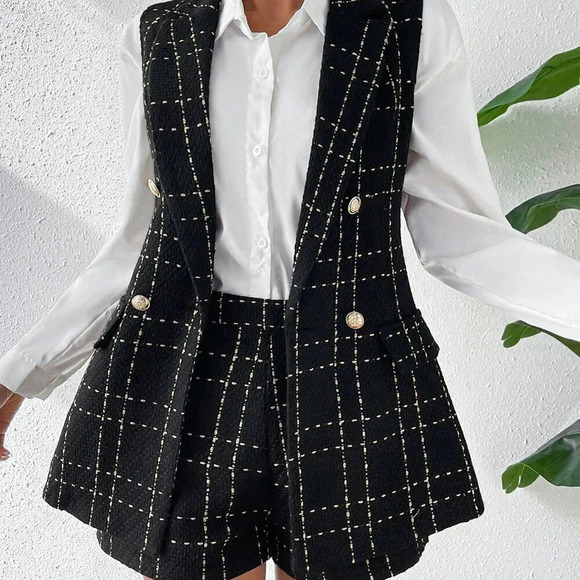 Fall Stylish Plaid Double Breasted Tweed Vest Blazer & Shorts - Picture 7 of 8